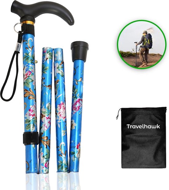 Travelhawk Wandelstok - Verstelbaar en Opvouwbaar - Blauw - Incl. Opbergtas - loopstok Ouderen
