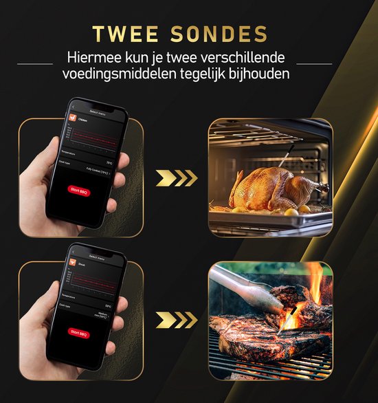 MostEssential Smart Vleesthermometer - 80M Bereik - 36 Uur - Bluetooth 5.2 - 2000mAh - Double Probe Dark Brown Edition