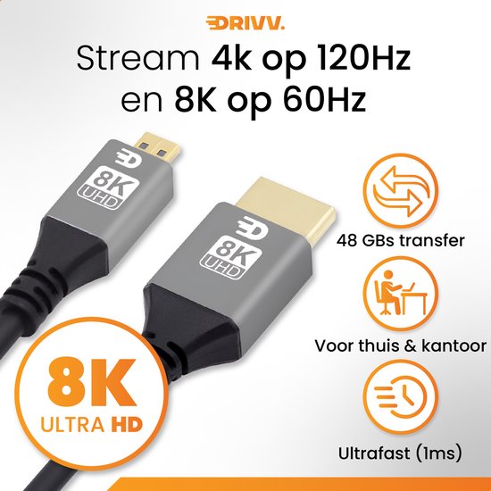 Drivv. Premium Micro HDMI naar HDMI Kabel 2.1 - 8K 60Hz / 4K 120Hz Ultra HD - Geschikt voor Camera, GoPro, Computers - 1 meter - Grijs
