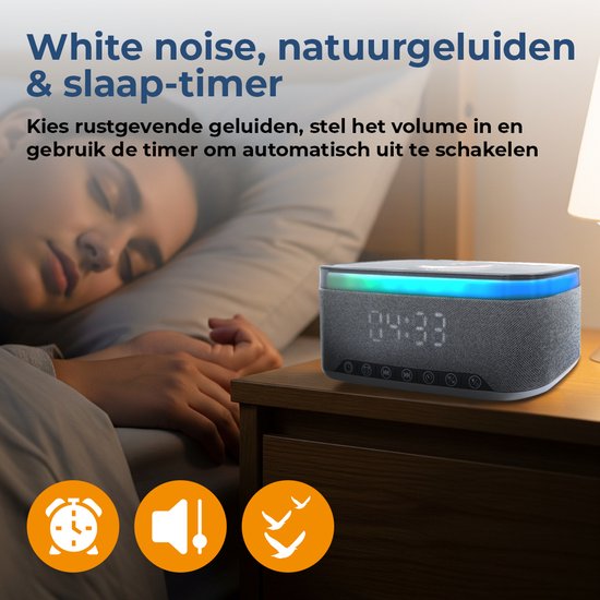 Denver Wekker met Draadloze Oplader - White Noise Machine - Digitale Wekker - Bluetooth - FM Radio - Dubbel Alarm - Dimmer - CRQ225