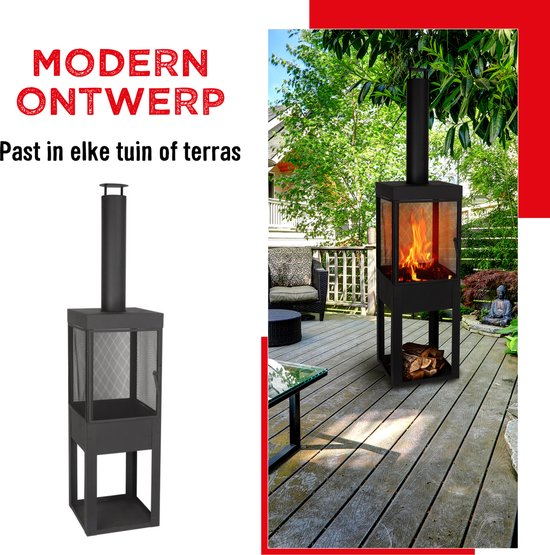 BBQ Collection Houtkachel met Schoorsteen - Tuinhaard 194 x 44 x 47 cm - Terrashaard met Vonkenscherm - Terraskachel met As-Opvangbak en Brandhout Opslag - Houtkachel Tuin - Carbon Staal