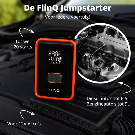 FlinQ 12V Jumpstarter voor Auto & Motor - 4-in-1 Luchtcompressor, LED Zaklamp, SOS Noodlicht & Powerbank - Elektrische Bandenpomp - Starthulp - Incl Opbergtas