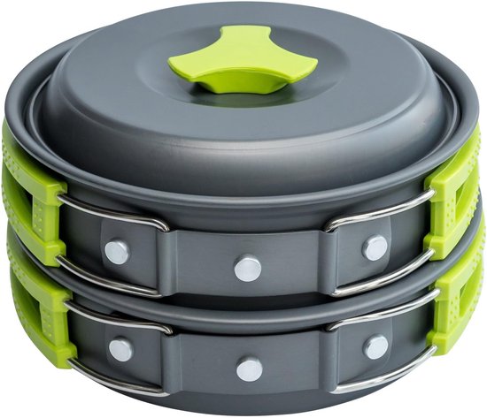 Travelhawk Camping kookgerei set - Pannenset - Aluminium - 8 delig - Camping Pannenset - Inclusief Spons, Spatel, Lepel, Kommen en Handige Draagtas