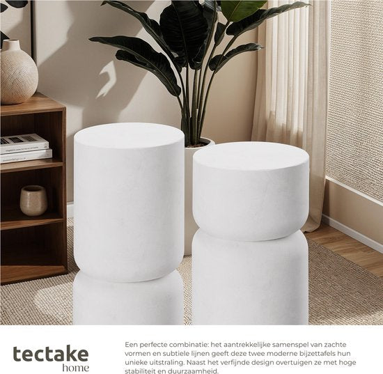 tectake® Bijzettafel Amine - Ø 28 x 54,5 cm - Set van 2 Bijzettafels - Koffietafel in Robuust Magnesiumoxide in Steenlook - Tafeltje voor Woonkamer, Slaapkamer of Kantoor - Draagkracht 15kg per Tafel - Inclusief Vloerbeschermers