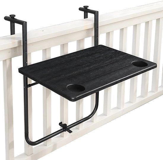 Goliving Balkontafel - Inklapbaar - Hangend - 60 x 40 cm - Verstelbaar in 3 hoogtes - Weerbestendig - 2 bekerhouders – Zwart