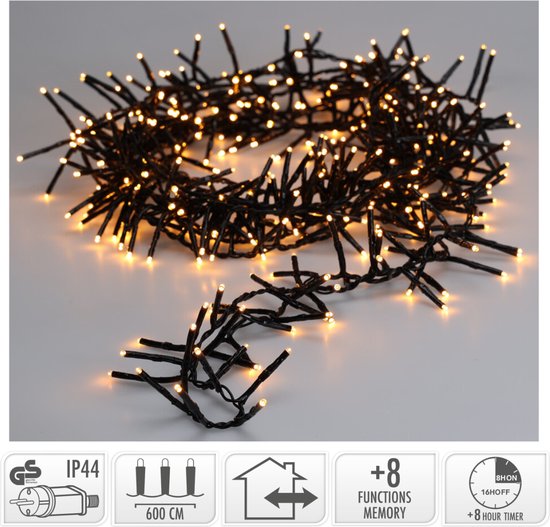 Maxi Cluster Kerstverlichting - 400 led - 6m - extra warm wit - Timer - Lichtfuncties - Geheugen - Buiten