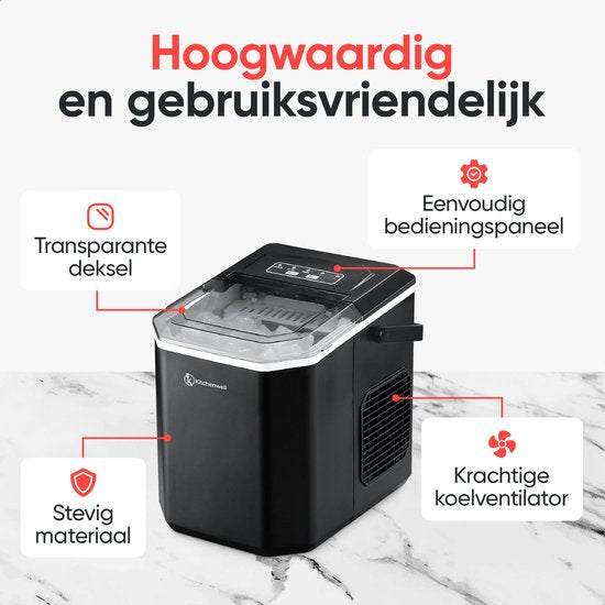 Kitchenwell IJsblokjesmachine – 1.3L - IJsblokjesmaker met IJsschep – 12kg/24 uur – Zelfreinigingsfunctie - Draagbaar - Zwart