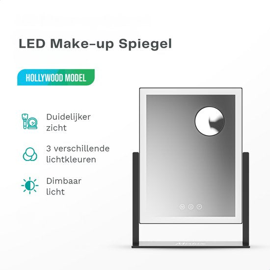 Mirlux Make Up Hollywood Spiegel met Verlichting (44x30cm) - Visagie - Dimbaar LED Lampen Licht - Wit