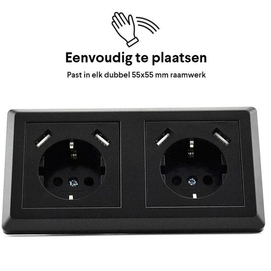 Homra Brock Dubbel USB Stopcontact Zwart - Inbouw Wandcontactdoos - Glanzend Kunststof - Zwarte Wanddoos - Contactdoos - 5.600mA - 220 volt - USB Oplader - Snel Opladen - Fast Charge - Randaarde - 80x80mm