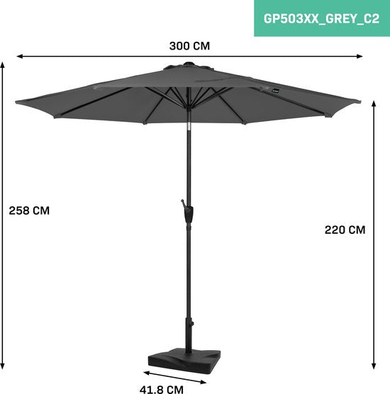 VONROC Premium Stokparasol Recanati Ø300cm – Incl. parasolvoet & beschermhoes - Ronde parasol - Kantelbaar – UV werend doek - Grijs