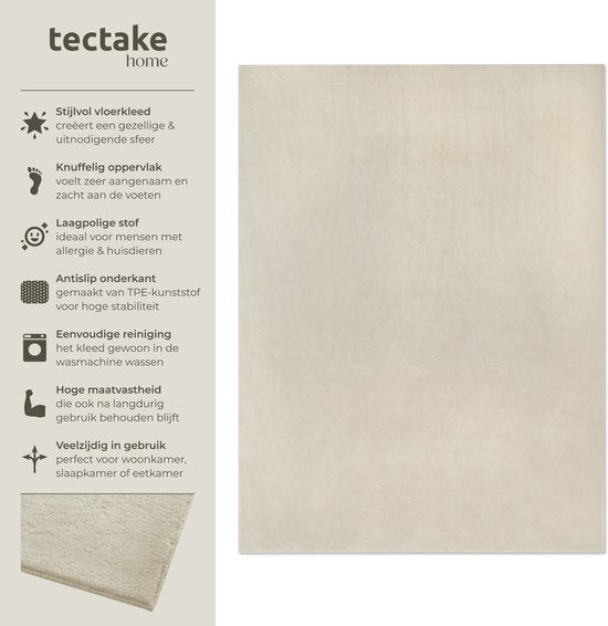 tectake® Kortpolig Vloerkleed -140 x 200 cm - Beige - Tapijt voor Woonkamer, Slaapkamer, Eetkamer - Onderhoudsvriendelijk en Wasbaar - Antislip Ondertapijt - Allergievriendelijk - Diverse maten en kleuren