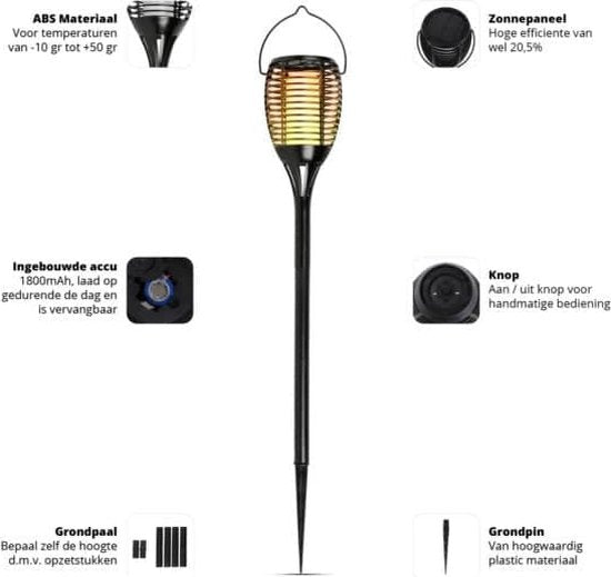 FlinQ Torch - Solar Tuinfakkels - Tuinverlichting op zonne-energie - Solar tuinverlichting - Tuinlantaarns - Padverlichting - 2-pack - Zwart
