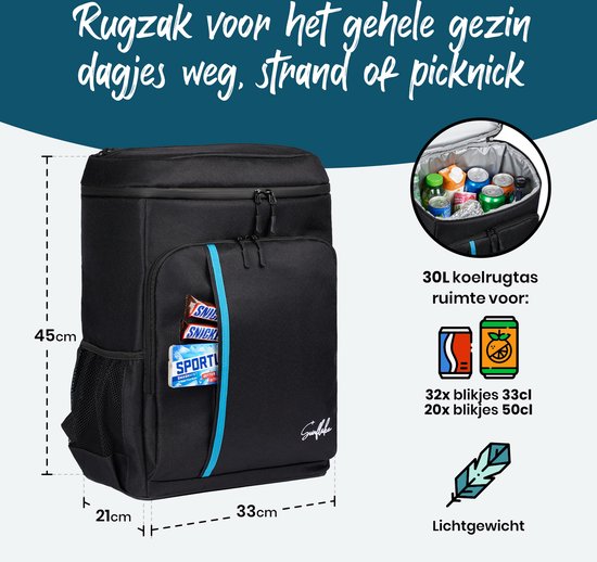 Koelrugzak Groot 30 Liter - Koeltas Rugzak – XXL Koel Backpack voor Heren & Dames - Koelrugtas - Zwart - Sunflake