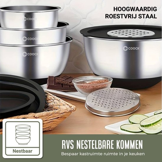 COOCK RVS Mengkommen set met Deksel - Beslagkommen met deksel - Bewaarbak met Rasp - Schaal voor Salades & Mengen - 22 Delige Set 1,5 t/m 5 Liter – Incl. Maatschepjes