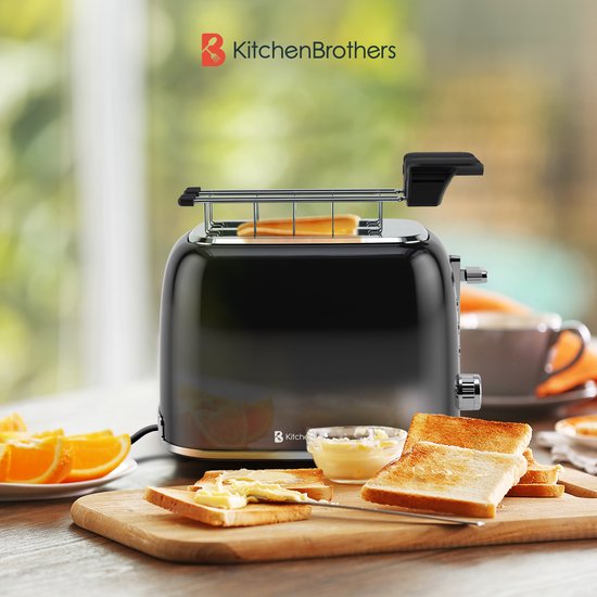 KitchenBrothers Broodrooster met Tostiklemmen - Toaster - 6 Warmteniveaus - Brede Sleuven - Broodrooster - 870W - Zwart