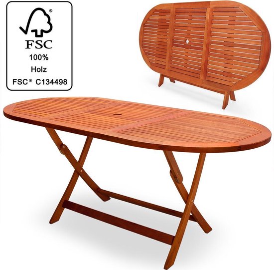 Casaria Opvouwbare Tuintafel – Parasolhouder – 160 x 85 x 75 cm – FSC Acaciahout - Bruin