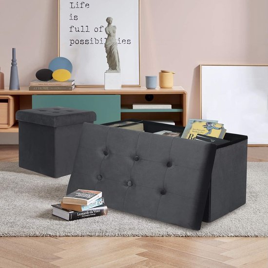 Voetenbank Opbergbank zitting van Fluweel,Poef opbergkruk Opvouwbare 76x37,5x38cm,Grijs SH70gr