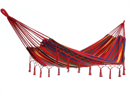 Detex Hangmat 320x150cm met franjes - rood/meerkleurig