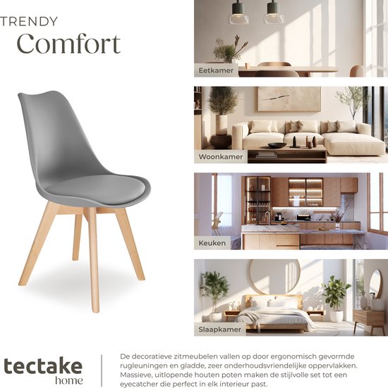 tectake® Eetkamerstoel Frederikke - Set van 6 Eetkamerstoelen met Gevoerde Stoffen Zitting - Massief Houten Poten - Ergonomische Stoelen geschikt voor Woonkamer, Eetkamer, Slaapkamer en Keuken - Draagkracht 120kg - Grijs