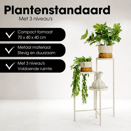 Mica Decorations Salvo Plantenrek - Plantenstandaard voor Kamerplanten - Plantentafeltje voor Binnen - Plantenonderzetter met Drie Plateaus - 40 x 40 x 70 cm - IJzer - Offwhite