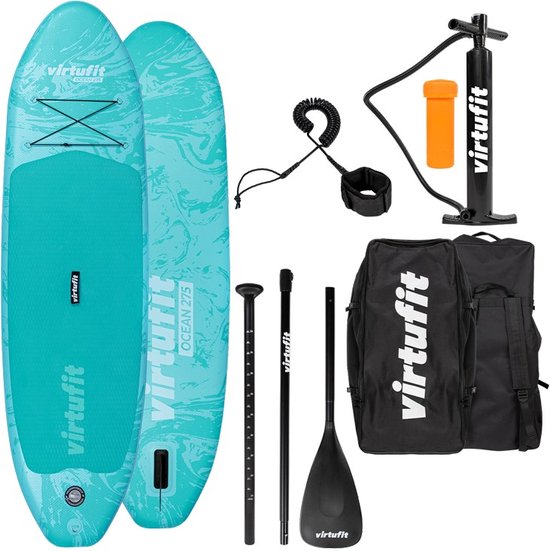 VirtuFit Supboard Ocean 275 - Turquoise - Stand Up Paddle Board - Supboard Opblaasbaar - Voor beginners en gevorderden - Verstelbare peddel - Max. 180 kg - Met accessoires en draagtas