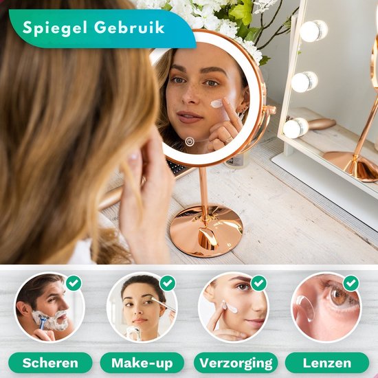 Mirlux Make Up Spiegel met LED Verlichting - 10x Vergroting Licht – Scheerspiegel Klein Op Voet - 3 Lichtstanden - Oplaadbaar - Vergrootspiegel Rosé Goud