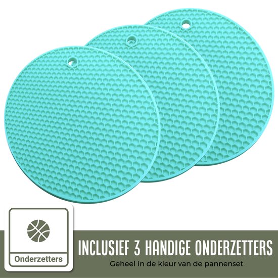 COOCK 19-Delige Pannenset Inductie - Speciale Anti-Aanbak Coating - Ergonomische Koudgrepen - Gerecycled Aluminium - koekenpannenset - kookpottenset - Turqoise (Groen) - Inclusief Onderzetters en E-book