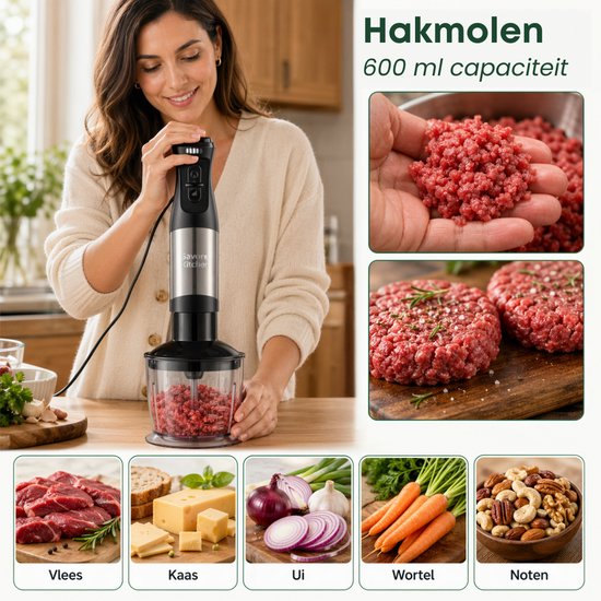 Savoré Kitchen Staafmixer Pro+ 1500W – Mixer Set met Hakmolen 600ml, Garde, Melkopschuimer en Maatbeker – 5 Snelheden – 6 Messen – RVS