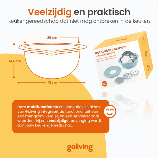 Goliving Slakom - 2,5L - Ø 26 cm - Mengkom - Vergiet - Beslagkom met Deksel - Serveerschaal - Groentesnijder - Hakmolen - Blauw
