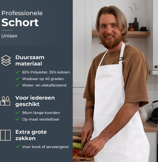 Keukenschort - Water- en vuilafstotend - Professioneel Kookschort - Schort voor Dames en Heren - Horeca Sloof - Unisex - Verstelbare Gesp - Extra Grote Vakken - Wit