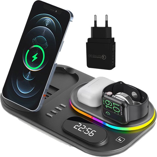 iSetchi Draadloze Qi Oplader 15 Watt Snellader (4-in-1) - Met Quick Charge 3.0 adapter, LED Klok & LED Lamp - Qi Oplaadstation
