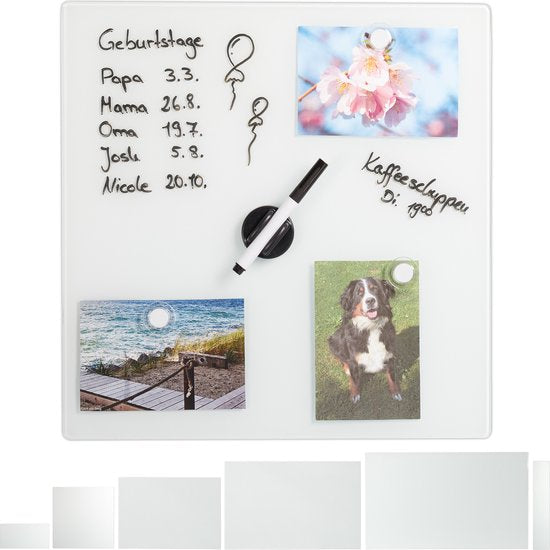 magneetbord glas - 40 x 40 cm - 3 magneten - marker - houder - wit