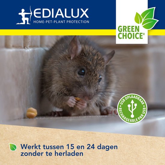 Edialux Ultrasonic Defend ultrasone muizenverjager rattenverjager, knaagdieren afschrikker, ultrasoon geluid, waterdicht ip44, usb herlaadbaar, binnen en buiten, tuin, schuur, kelder, 15-24 dagen autonomie, 80m² bereik