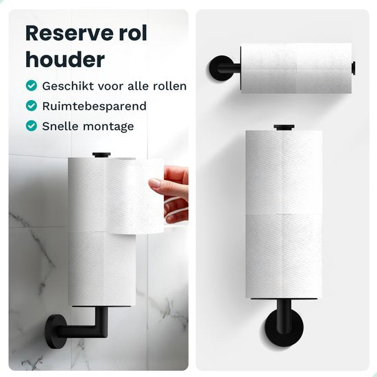 Mirlux Badkameraccessoireset - Toiletborstel met houder - Toiletrolhouder - Wc Rolhouder zonder boren - Handdoekhaakjes Zelfklevend - Reserverolhouder - Toiletborstelhouder - Zwart