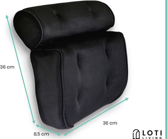 Loti Living Badkussen voor in bad – Badkussen – Nekkussen bad – Hoofdsteun bad – Badkussen met zuignappen – 6 Zuignappen – Ergonomisch nekkussen – Antislip - Zwart