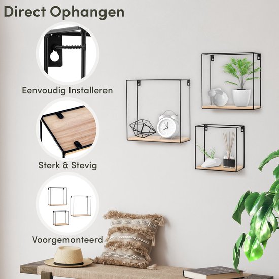Happy Goods® Wandrek Industrieel - Set van 3 - Vierkant Wandrek - Zwart - Wandrekken