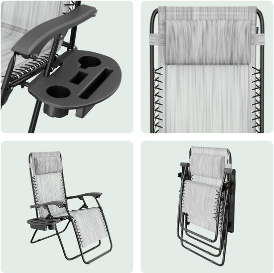 LifeGoods Opvouwbare Tuinstoel - Ligstoel Tuin - 30°-90° Verstelbaar - Metaal - Lichtgrijs