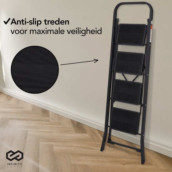 Infinity Goods Stevige Huishoudtrap 4 Treden - Keukentrap Inklapbaar - Anti-Slip - Trap Ladder - Opvouwbaar - Metaal - Zwart