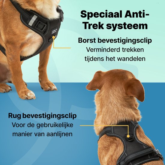 Jake en Jacky Hondentuigje - Anti-Trek Tuig - Hondenharnas - Y Tuig Hond - Reflecterend - Zwart - Maat S