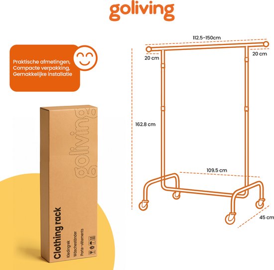 Goliving Kledingrek op wieltjes XL - Uitschuifbare Kledingstang 112-150 cm - 130kg Draagvermogen - Stevig Garderoberek - Metaal - Zwart