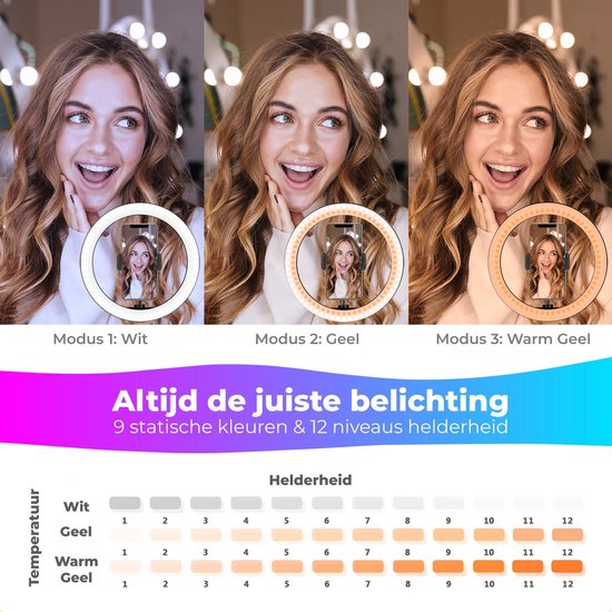 Studio ME Multi Kleuren Ringlamp met Statief - 10 inch/25 cm - RGB Lamp - Ringlight met statief - Bluetooth - Telefoonhouder - Afstandsbediening - USB - TikTok Lamp - Ring Light