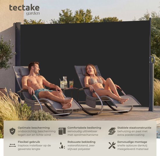 tectake® Uitschuifbaar Windscherm met Oprolmechanisme - 300 x 180 cm - Zijluifel met Aluminium Frame- Zonnescherm - Tuinscherm - Zwart Balkonscherm - Ondoorzichtbaar Privacyscherm - Markiesdoek
