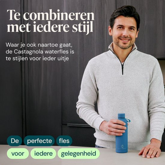 Castagnola Waterfles - RVS Drinkfles 500 ML - Stalen Thermosfles - Drinkflessen voor Volwassenen - Dubbelwandig - Helderblauw