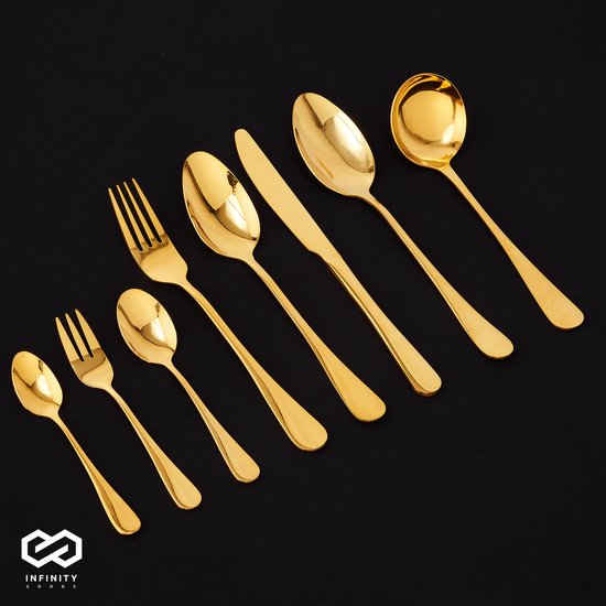 Infinity Goods Bestekset - Goud - 39-Delig - 6 Persoons Bestek - Meerdere Gangen - Mes/Lepel/Vork - RVS - Goud