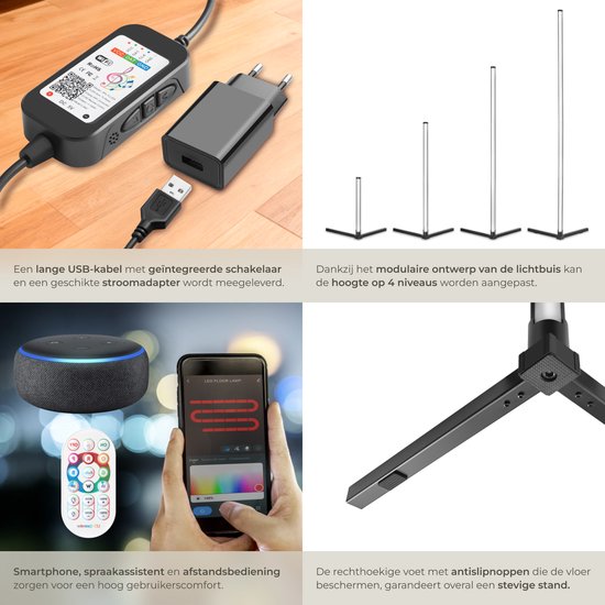 tectake® Slimme LED Vloerlamp Spectra - Hoeklamp met 16 miljoen Kleuren - 200 Lichteffecten - Staande Smart Lamp - 145 cm - Dimbaar - Bediening met App, Afstandsbediening, Knop en Spraak - Woonkamer Vloer Lamp - Sfeerverlichting