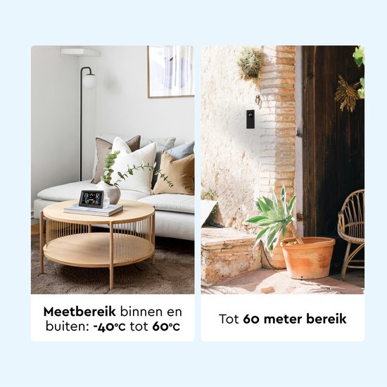 BRASQ Draadloos Weerstation binnen en buiten met CO2 meter - Hygrometer - Met buitensensor tot 60 meter - Luchtvochtigheidsmeter - Thermometer - Barometer - inclusief batterijen