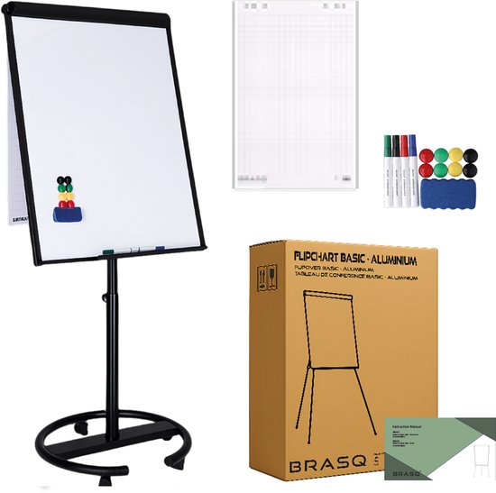 BRASQ Flipover Verrijdbaar Deluxe -70x100 cm - Verstelbaar Whiteboard - Inclusief 25 vellen papier en accessoires - met Uitschuifbare Armen - Magnetisch bord met Haken - Magneetbord - Zwart
