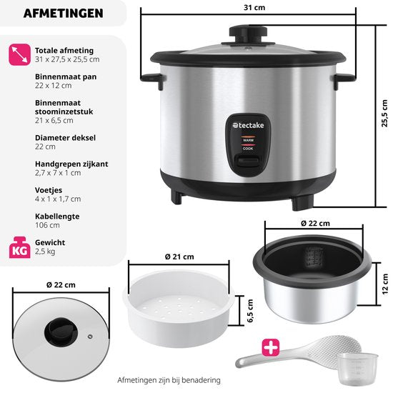 tectake® Rijstkoker - Stoompan en rijstmaker met stoominzet - Kookpot voor de keuken met groot volume van 1,8L - Maximaal 10 porties kleefrijst, volkoren rijst of sushirijst