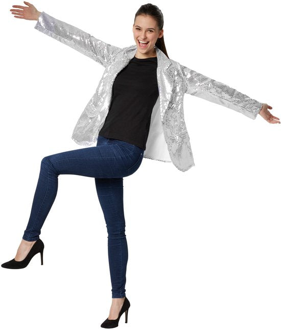 Dressforfun Paillettenjas dames zilver XL - verkleedkleding kostuum halloween verkleden feestkleding carnavalskleding carnaval feestkledij partykleding - 303854