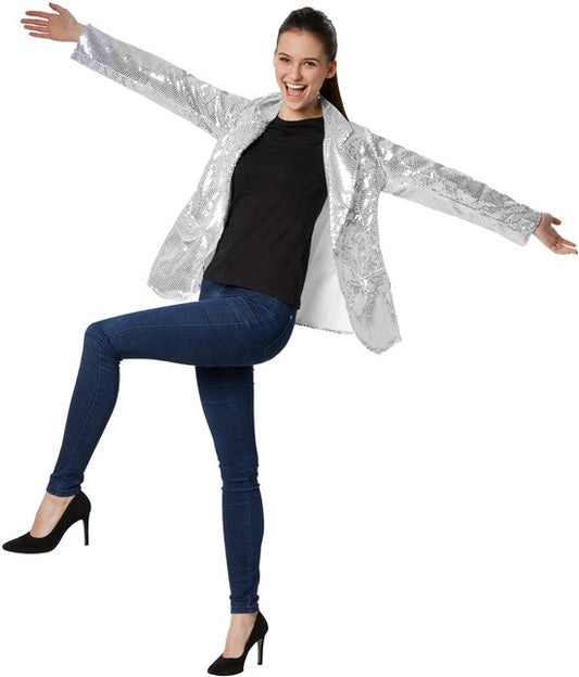 Dressforfun Paillettenjas dames zilver XL - verkleedkleding kostuum halloween verkleden feestkleding carnavalskleding carnaval feestkledij partykleding - 303854